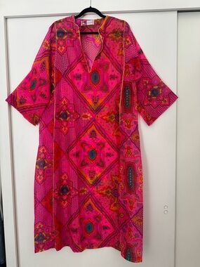 Vintage Contempo Casuals 1970s Pink Geometric Kaftan Muumuu Cover Up Dress O/S